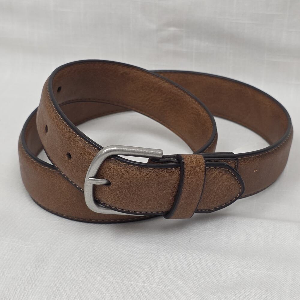Brown Faux Leather Belt Silver Tone Buckle Men's Med Casual